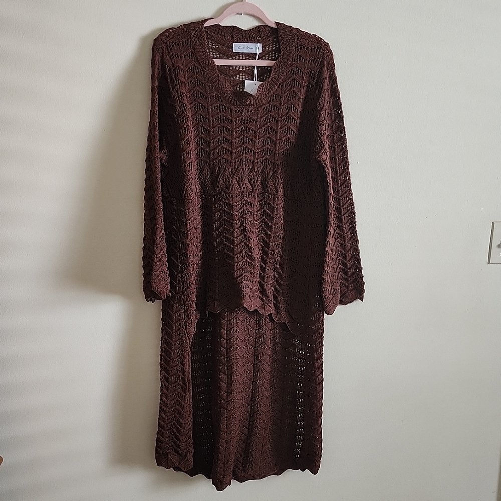 Brown Crochet Knit Dress Top Sweater Blouse Flare Sleeve High Low Style Shirt